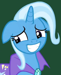 Size: 406x498 | Tagged: safe, screencap, character:trixie, episode:a matter of principals, g4, my little pony: friendship is magic, cropped, grin, missing accessory, nervous, nervous grin, smiling, solo