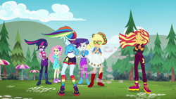 Size: 1920x1080 | Tagged: safe, screencap, character:applejack, character:fluttershy, character:rainbow dash, character:rarity, character:sunset shimmer, character:twilight sparkle, character:twilight sparkle (scitwi), species:eqg human, equestria girls:sunset's backstage pass, g4, my little pony:equestria girls, applejack's hat, clothing, cowboy hat, dress, geode of fauna, geode of shielding, geode of telekinesis, glasses, hat, high heels, jacket, magical geodes, music festival outfit, pants, rainbow socks, shoes, shorts, sneakers, socks, striped socks