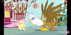 Size: 1440x720 | Tagged: safe, screencap, character:fluttershy, character:gilda, species:pegasus, species:pony, episode:griffon the brush-off, bakery, eyes closed, ponyville, screenshot failure, spread wings, watermark, wings, yelling