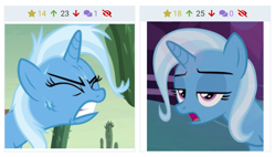 Size: 1037x591 | Tagged: safe, screencap, character:trixie, species:pony, species:unicorn, derpibooru, episode:on the road to friendship, episode:uncommon bond, g4, my little pony: friendship is magic, cropped, juxtaposition, meta, out of context, sweat