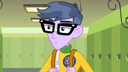 Size: 1539x866 | Tagged: safe, screencap, character:microchips, equestria girls:equestria girls, g4, my little pony:equestria girls, clothing, glasses, hallway, lockers, male
