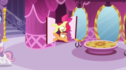 Size: 1263x705 | Tagged: safe, screencap, character:apple bloom, character:scootaloo, character:sweetie belle, species:pegasus, species:pony, episode:sleepless in ponyville, g4, my little pony: friendship is magic, carousel boutique, cutie mark crusaders, mirror, stairs, table