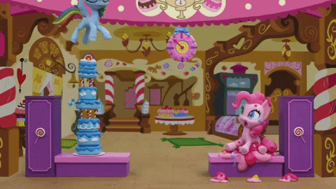 Size: 480x270 | Tagged: safe, screencap, character:pinkie pie, character:rainbow dash, species:earth pony, species:pegasus, species:pony, g4.5, my little pony: stop motion short, my little pony:pony life, animated, cake, cake off, food, stop motion
