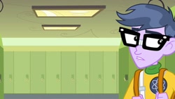 Size: 1539x866 | Tagged: safe, screencap, character:microchips, equestria girls:equestria girls, g4, my little pony:equestria girls, clothing, glasses, lockers, male