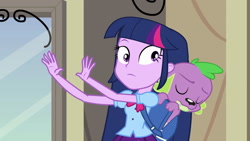 Size: 1539x866 | Tagged: safe, screencap, character:spike, character:twilight sparkle, character:twilight sparkle (alicorn), species:alicorn, species:dog, species:pony, equestria girls:equestria girls, g4, my little pony:equestria girls, backpack, clothing, eyes closed, female, male, paws, skirt, spike the dog