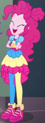 Size: 225x612 | Tagged: safe, screencap, character:pinkie pie, equestria girls:sunset's backstage pass, g4, my little pony:equestria girls, clothing, cropped, crossed arms, cute, diapinkes, dress, eyes closed, geode of sugar bombs, jewelry, laughing, magical geodes, music festival outfit, necklace, open mouth, pants, restroom, shoes, short sleeves, smiling, sneakers, wristband