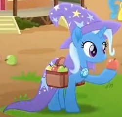 Size: 350x336 | Tagged: safe, screencap, character:trixie, species:pony, species:unicorn, friendship is magic: rainbow roadtrip, g4, my little pony: friendship is magic, apple, cropped, female, food, mare, needs more jpeg, solo
