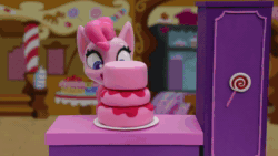 Size: 1920x1080 | Tagged: safe, screencap, character:pinkie pie, species:earth pony, species:pony, g4.5, my little pony: stop motion short, my little pony:pony life, animated, cake, cake off, food, frosting, happy, icing bag, smiling, solo, sound, sparkles, stop motion, sunburst background, webm