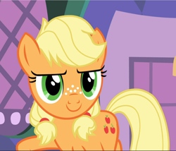 Size: 1100x940 | Tagged: safe, screencap, character:applejack, species:earth pony, species:pony, episode:where the apple lies, g4, my little pony: friendship is magic, confident, cropped, female, freckles, smiling, solo, teenage applejack, teenager