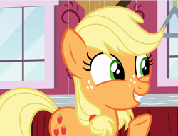 Size: 1221x939 | Tagged: safe, screencap, character:applejack, species:earth pony, species:pony, episode:where the apple lies, g4, my little pony: friendship is magic, cropped, cute, female, freckles, happy, jackabetes, raised hoof, smiling, solo, teenage applejack, teenager