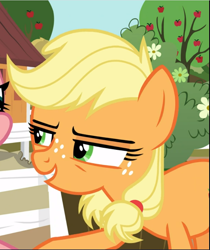 Size: 791x940 | Tagged: safe, screencap, character:applejack, species:earth pony, species:pony, episode:where the apple lies, g4, my little pony: friendship is magic, cropped, evil grin, female, freckles, grin, narrowed eyes, raised hoof, smiling, solo, teenage applejack, teenager
