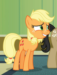 Size: 480x625 | Tagged: safe, screencap, character:applejack, species:earth pony, species:pony, episode:where the apple lies, g4, my little pony: friendship is magic, cropped, female, freckles, nervous grin, solo, teenage applejack, teenager