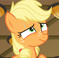 Size: 940x938 | Tagged: safe, screencap, character:applejack, species:earth pony, species:pony, episode:where the apple lies, g4, my little pony: friendship is magic, cropped, female, freckles, narrowed eyes, nervous, solo, sweat, teenage applejack, teenager