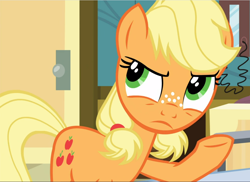 Size: 1292x939 | Tagged: safe, screencap, character:applejack, species:earth pony, species:pony, episode:where the apple lies, g4, my little pony: friendship is magic, applejack is not amused, cropped, female, freckles, raised hoof, solo, teenage applejack, teenager, unamused