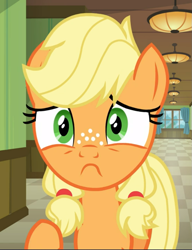 Size: 723x939 | Tagged: safe, screencap, character:applejack, species:earth pony, species:pony, episode:where the apple lies, g4, my little pony: friendship is magic, cropped, female, freckles, solo, teenage applejack, teenager, worried