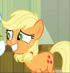 Size: 906x939 | Tagged: safe, screencap, character:applejack, species:earth pony, species:pony, episode:where the apple lies, g4, my little pony: friendship is magic, cropped, female, freckles, grin, nervous, nervous grin, smiling, solo, teenage applejack, teenager