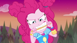 Size: 1920x1080 | Tagged: safe, screencap, character:pinkie pie, equestria girls:sunset's backstage pass, g4, my little pony:equestria girls, churros, food, geode of sugar bombs, magical geodes, solo, teeth