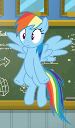 Size: 513x872 | Tagged: safe, screencap, character:rainbow dash, species:pegasus, species:pony, episode:top bolt, g4, my little pony: friendship is magic, chalkboard, cropped, female, flying, mare, solo, spread wings, surprised, wings