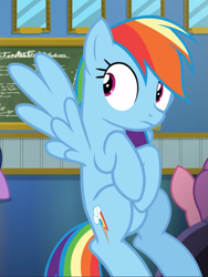 Size: 707x938 | Tagged: safe, screencap, character:rainbow dash, species:pegasus, species:pony, episode:top bolt, g4, my little pony: friendship is magic, chalkboard, cropped, female, flying, mare, offscreen character, solo, solo focus, spread wings, wings