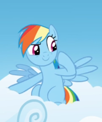 Size: 314x375 | Tagged: safe, screencap, character:rainbow dash, species:pegasus, species:pony, episode:top bolt, g4, my little pony: friendship is magic, cloud, cropped, female, mare, raised eyebrow, sitting, smiling, smirk, solo, spread wings, wings