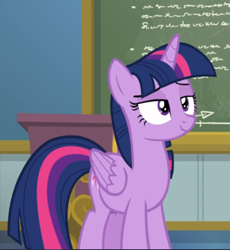 Size: 595x648 | Tagged: safe, screencap, character:twilight sparkle, character:twilight sparkle (alicorn), species:alicorn, species:pony, episode:top bolt, g4, my little pony: friendship is magic, chalkboard, cropped, female, lidded eyes, mare, smiling, smuglight sparkle, solo