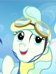 Size: 708x938 | Tagged: safe, screencap, character:vapor trail, species:pegasus, species:pony, episode:top bolt, g4, my little pony: friendship is magic, clothing, cropped, cute, female, goggles, mare, open mouth, raised hoof, smiling, solo, uniform, vaporbetes, wonderbolt trainee uniform
