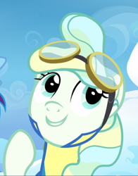 Size: 736x938 | Tagged: safe, screencap, character:vapor trail, species:pegasus, species:pony, episode:top bolt, g4, my little pony: friendship is magic, clothing, cropped, cute, female, goggles, mare, raised hoof, smiling, solo, uniform, vaporbetes, wonderbolt trainee uniform