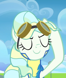 Size: 794x936 | Tagged: safe, screencap, character:vapor trail, species:pegasus, species:pony, episode:top bolt, g4, my little pony: friendship is magic, clothing, confident, cropped, eyes closed, female, goggles, mare, raised hoof, smiling, solo, uniform, wonderbolt trainee uniform
