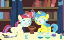 Size: 1350x849 | Tagged: safe, screencap, character:lemon hearts, character:moondancer, species:pony, species:unicorn, episode:celestial advice, g4, my little pony: friendship is magic, beaker, cropped, cute, duo, female, filly, filly lemon hearts, filly moondancer, glowing horn, goggles, horn, magic, plant pot, smiling, telekinesis, younger