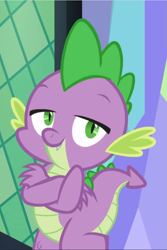 Size: 627x939 | Tagged: safe, screencap, character:spike, species:dragon, episode:celestial advice, g4, my little pony: friendship is magic, cool, cropped, crossed arms, fangs, leaning, lidded eyes, male, smiling, solo
