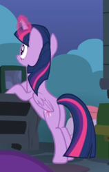 Size: 344x543 | Tagged: safe, screencap, character:twilight sparkle, character:twilight sparkle (alicorn), species:alicorn, species:pony, episode:celestial advice, g4, my little pony: friendship is magic, bipedal, bipedal leaning, cropped, female, glowing horn, horn, leaning, mare, rear view, smiling, solo