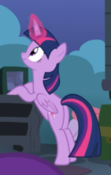 Size: 349x549 | Tagged: safe, screencap, character:twilight sparkle, character:twilight sparkle (alicorn), species:alicorn, species:pony, episode:celestial advice, g4, my little pony: friendship is magic, bipedal, bipedal leaning, cropped, female, glowing horn, horn, leaning, mare, smiling, solo