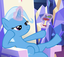 Size: 985x886 | Tagged: safe, screencap, character:trixie, species:pony, species:unicorn, episode:all bottled up, g4, my little pony: friendship is magic, apple core, cropped, female, friendship throne, glowing horn, horn, levitation, lidded eyes, magic, mare, sitting, smiling, smug, solo, telekinesis
