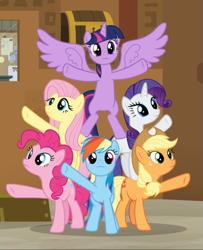 Size: 759x937 | Tagged: safe, screencap, character:applejack, character:fluttershy, character:pinkie pie, character:rainbow dash, character:rarity, character:twilight sparkle, character:twilight sparkle (alicorn), species:alicorn, species:earth pony, species:pegasus, species:pony, species:unicorn, episode:all bottled up, g4, my little pony: friendship is magic, cropped, female, freckles, group, mane six, mare, pyramid, raised hoof, spread hooves, spread wings, underhoof, wings