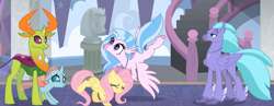 Size: 1915x745 | Tagged: safe, screencap, character:fluttershy, character:ocellus, character:seaspray, character:silverstream, character:thorax, species:changedling, species:changeling, species:reformed changeling, episode:school daze, g4, my little pony: friendship is magic, excited, general seaspray, school of friendship