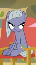 Size: 360x644 | Tagged: safe, screencap, character:limestone pie, species:earth pony, species:pony, episode:rock solid friendship, g4, my little pony: friendship is magic, angry, cropped, female, limestone is not amused, mare, sitting, solo
