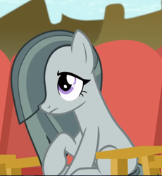 Size: 756x821 | Tagged: safe, screencap, character:marble pie, species:earth pony, species:pony, episode:rock solid friendship, g4, my little pony: friendship is magic, chair, cropped, cute, female, marblebetes, mare, raised hoof, sitting, solo