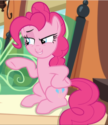 Size: 808x940 | Tagged: safe, screencap, character:pinkie pie, species:earth pony, species:pony, episode:rock solid friendship, g4, my little pony: friendship is magic, cropped, female, hoof on hip, mare, raised eyebrow, sitting, smug, solo, train
