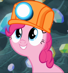 Size: 880x939 | Tagged: safe, screencap, character:pinkie pie, species:earth pony, species:pony, episode:rock solid friendship, g4, my little pony: friendship is magic, cropped, cute, diapinkes, female, helmet, mare, mining helmet, solo