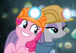 Size: 1340x938 | Tagged: safe, screencap, character:maud pie, character:pinkie pie, species:earth pony, species:pony, episode:rock solid friendship, g4, my little pony: friendship is magic, cropped, cute, diapinkes, duo, female, helmet, mare, mining helmet, smiling