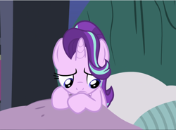 Size: 1272x940 | Tagged: safe, screencap, character:starlight glimmer, species:pony, species:unicorn, episode:rock solid friendship, g4, my little pony: friendship is magic, bed, cropped, cute, female, mare, sad, sadorable, solo