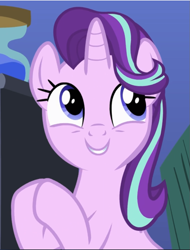 Size: 717x941 | Tagged: safe, screencap, character:starlight glimmer, species:pony, species:unicorn, episode:rock solid friendship, g4, my little pony: friendship is magic, cropped, cute, cutie, excited, female, glimmerbetes, grin, hooves together, looking up, mare, smiling, solo
