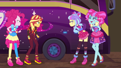 Size: 1920x1080 | Tagged: safe, screencap, character:kiwi lollipop, character:pinkie pie, character:sunset shimmer, character:supernova zap, equestria girls:sunset's backstage pass, g4, my little pony:equestria girls, arm behind back, bus, glare, hands on hip, high heels, k-lo, kiwi lollipop, postcrush, raised eyebrow, rivalry, shoes, smiling, smirk, sneakers, su-z, supernova zap