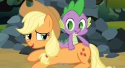 Size: 1600x871 | Tagged: safe, screencap, character:applejack, character:spike, species:dragon, species:earth pony, species:pony, episode:spike at your service, g4, my little pony: friendship is magic, back scratching, butt touch, female, hand on butt, male, mare, massage, petting, youtube caption, youtube link
