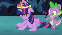 Size: 1920x1080 | Tagged: safe, screencap, character:spike, character:twilight sparkle, character:twilight sparkle (alicorn), species:alicorn, species:pony, episode:princess twilight sparkle, g4, my little pony: friendship is magic, big crown thingy, element of magic, everfree forest, female, jewelry, mare, regalia