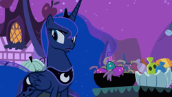 Size: 2880x1620 | Tagged: safe, screencap, character:princess luna, species:alicorn, species:pony, episode:luna eclipsed, g4, my little pony: friendship is magic, asking, bowl, crown, curious, ethereal mane, female, festival, flowing mane, folded wings, interested, jewelry, looking sideways, mare, night, nightmare night, open mouth, plushie, raised eyebrow, regalia, spider, wings