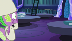 Size: 1920x1080 | Tagged: safe, screencap, character:spike, species:dragon, episode:a trivial pursuit, g4, my little pony: friendship is magic, book, ladder, library, solo, twilight's castle, twilight's castle library, winged spike