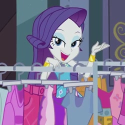 Size: 720x720 | Tagged: safe, screencap, character:rarity, episode:street chic, g4, my little pony:equestria girls, clothes rack, clothing, cropped, eyeshadow, lidded eyes, looking at you, makeup, open mouth, smiling, smiling at you, solo, window