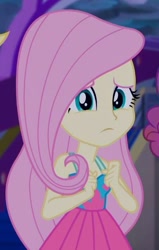 Size: 409x642 | Tagged: safe, screencap, character:fluttershy, equestria girls:spring breakdown, g4, my little pony:equestria girls, cropped, nervous, sleeveless, solo