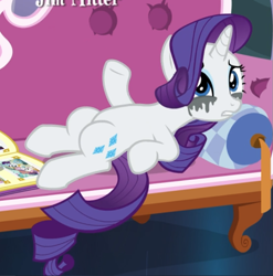 Size: 717x727 | Tagged: safe, screencap, character:rarity, species:pony, species:unicorn, episode:forever filly, g4, my little pony: friendship is magic, book, cropped, crying, fainting couch, female, lying down, makeup, mare, photo album, raised hoof, running makeup, solo